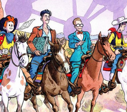 personnages de Franquin et Morris sur un cheval
